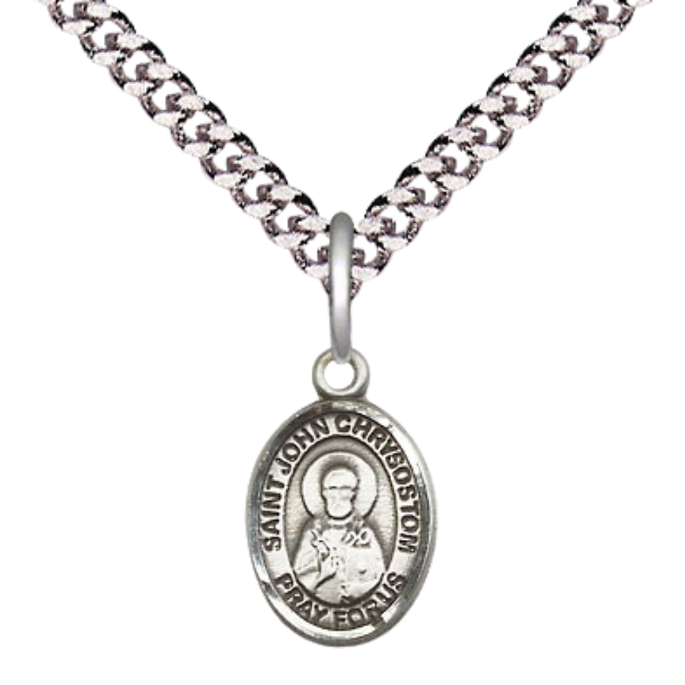 Small Sized Men's Pewter Saint St. John Chrysostom Medal Pendant on 24 Inch Endless Rhodium Plated Heavy Curb Brass Chain, Catholic Religious Necklace - Made in USA- Deluxe Velvet Gift Box