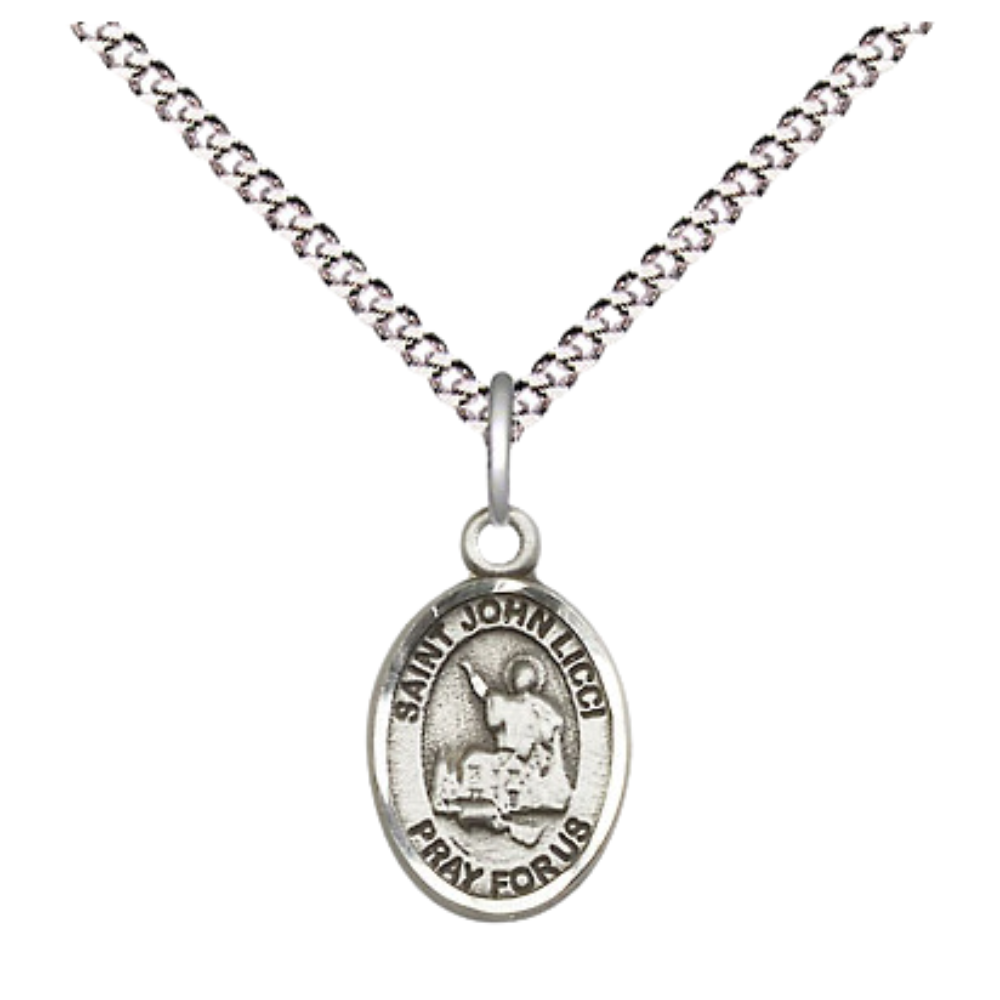 Small Sized Women's .925 Sterling Silver Saint St. John Licci Medal Pendant on 18 Inch Rhodium Plated Lite Curb Brass Chain with Lobster Claw Clasp, Catholic Religious Necklace - Made in USA- Velvet Gift Box