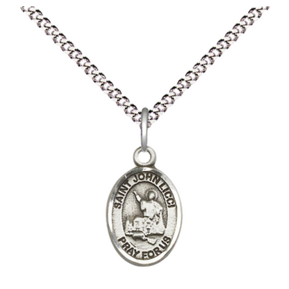 Small Sized Women's Pewter Saint St. John Licci Medal Pendant on 18 Inch Rhodium Plated Lite Curb Brass Chain with Lobster Claw Clasp, Catholic Religious Necklace - Made in USA- Velvet Gift Box