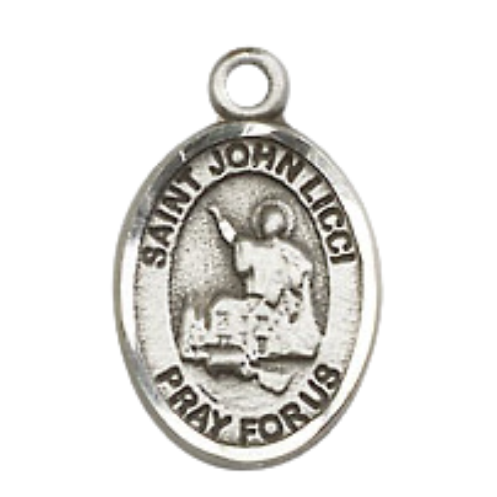 Small Sized Men's Pewter Saint St. John Licci Medal Pendant on 24 Inch Endless Rhodium Plated Heavy Curb Brass Chain, Catholic Religious Necklace - Made in USA- Deluxe Velvet Gift Box