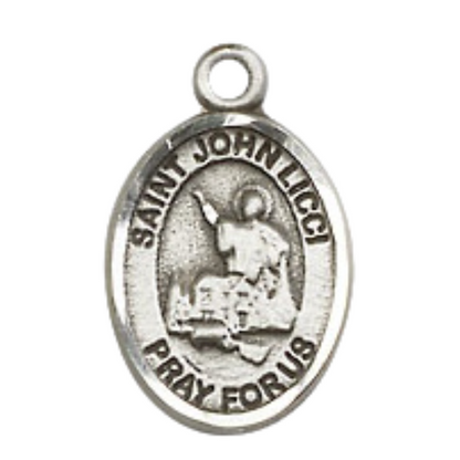Small Sized Men's Pewter Saint St. John Licci Medal Pendant on 24 Inch Endless Rhodium Plated Heavy Curb Brass Chain, Catholic Religious Necklace - Made in USA- Deluxe Velvet Gift Box
