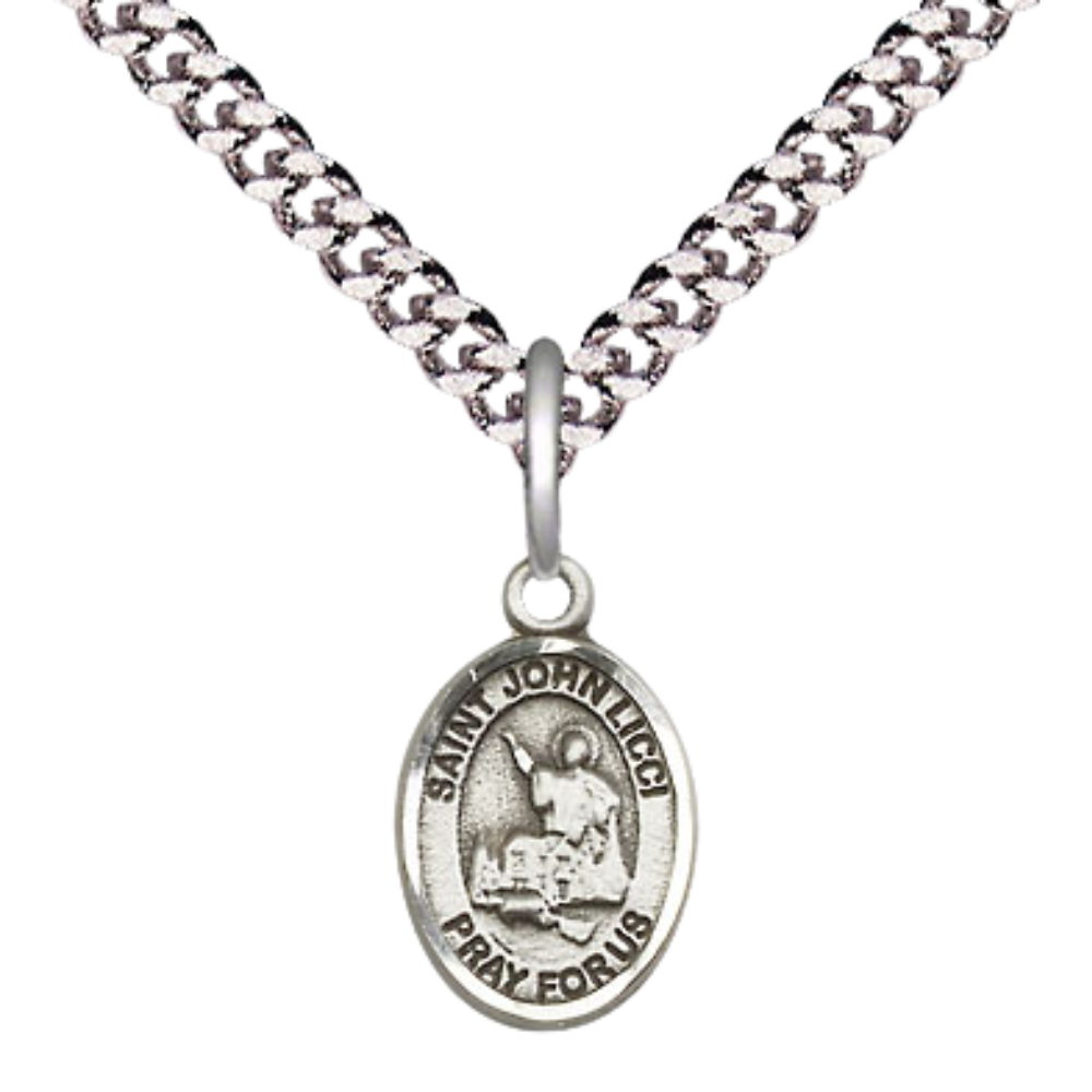 Small Sized Men's Pewter Saint St. John Licci Medal Pendant on 24 Inch Endless Rhodium Plated Heavy Curb Brass Chain, Catholic Religious Necklace - Made in USA- Deluxe Velvet Gift Box