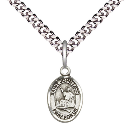 Small Sized Men's Pewter Saint St. John Licci Medal Pendant on 24 Inch Endless Rhodium Plated Heavy Curb Brass Chain, Catholic Religious Necklace - Made in USA- Deluxe Velvet Gift Box
