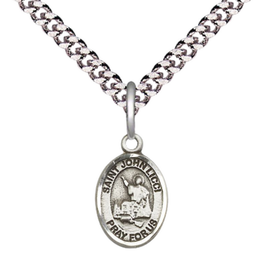 Small Sized Men's Pewter Saint St. John Licci Medal Pendant on 24 Inch Endless Rhodium Plated Heavy Curb Brass Chain, Catholic Religious Necklace - Made in USA- Deluxe Velvet Gift Box