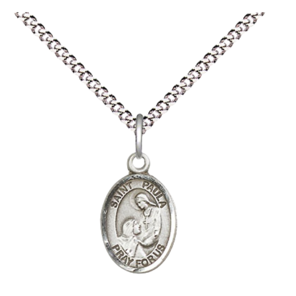 Small Sized Women's Pewter Saint St. Paula Medal Pendant on 18 Inch Rhodium Plated Lite Curb Brass Chain with Lobster Claw Clasp, Catholic Religious Necklace - Made in USA- Velvet Gift Box