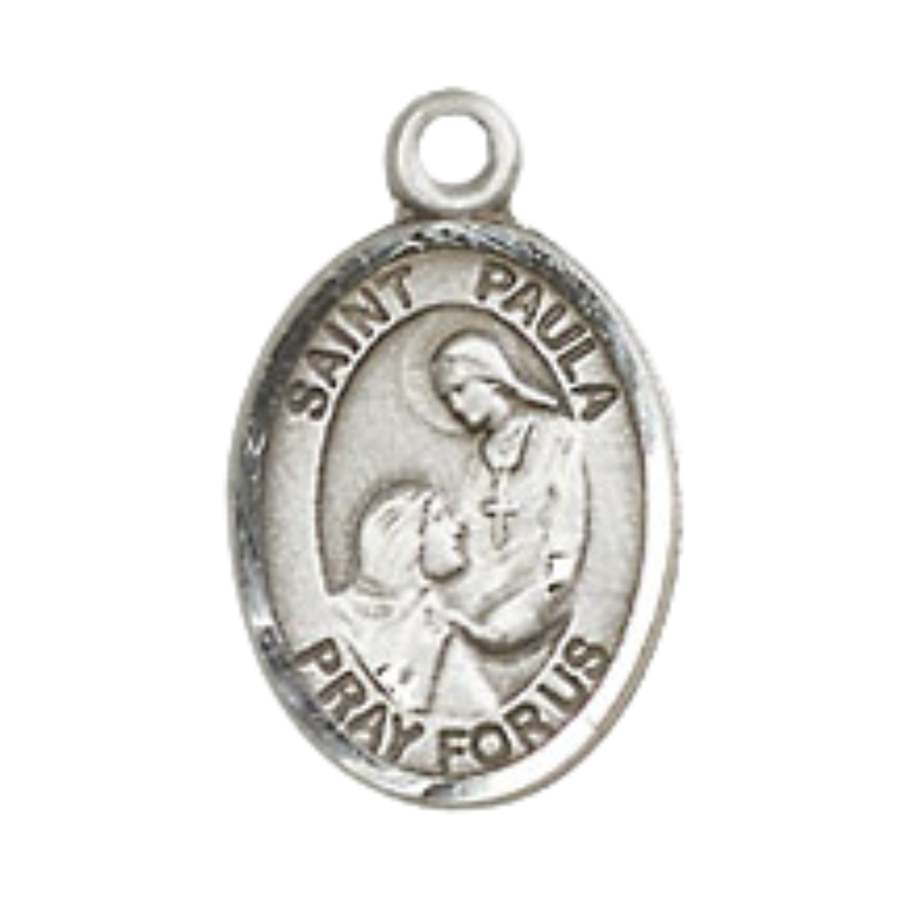 Small Sized Women's Pewter Saint St. Paula Medal Pendant on 18 Inch Rhodium Plated Lite Curb Brass Chain with Lobster Claw Clasp, Catholic Religious Necklace - Made in USA- Velvet Gift Box