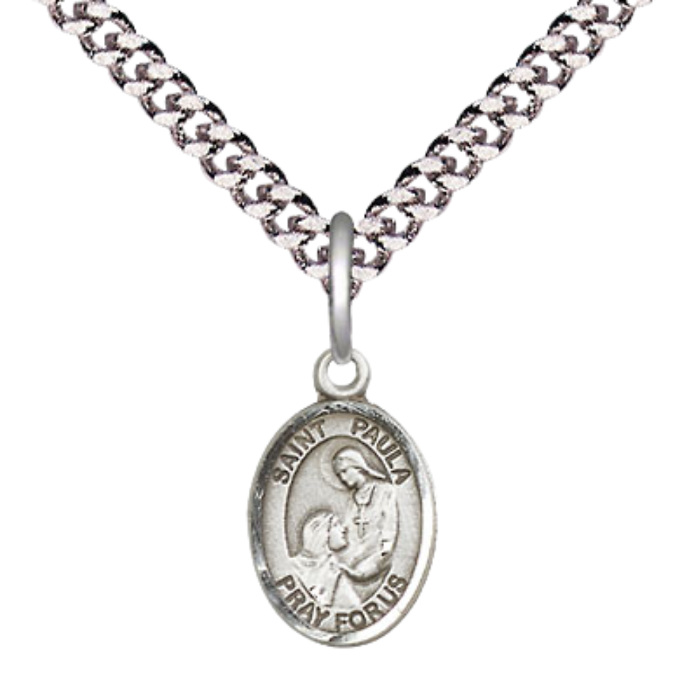 Everlasting Light Jewelry Small Sized Men's Pewter Saint St. Paula Medal Pendant on 24 Inch Endless Rhodium Plated Heavy Curb Brass Chain, Catholic Religious Necklace - Made in USA- Deluxe Velvet Gift Box