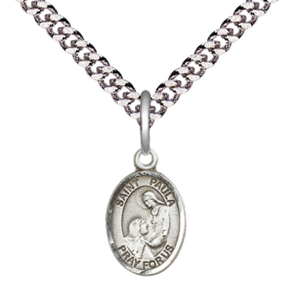 Everlasting Light Jewelry Small Sized Men's Pewter Saint St. Paula Medal Pendant on 24 Inch Endless Rhodium Plated Heavy Curb Brass Chain, Catholic Religious Necklace - Made in USA- Deluxe Velvet Gift Box