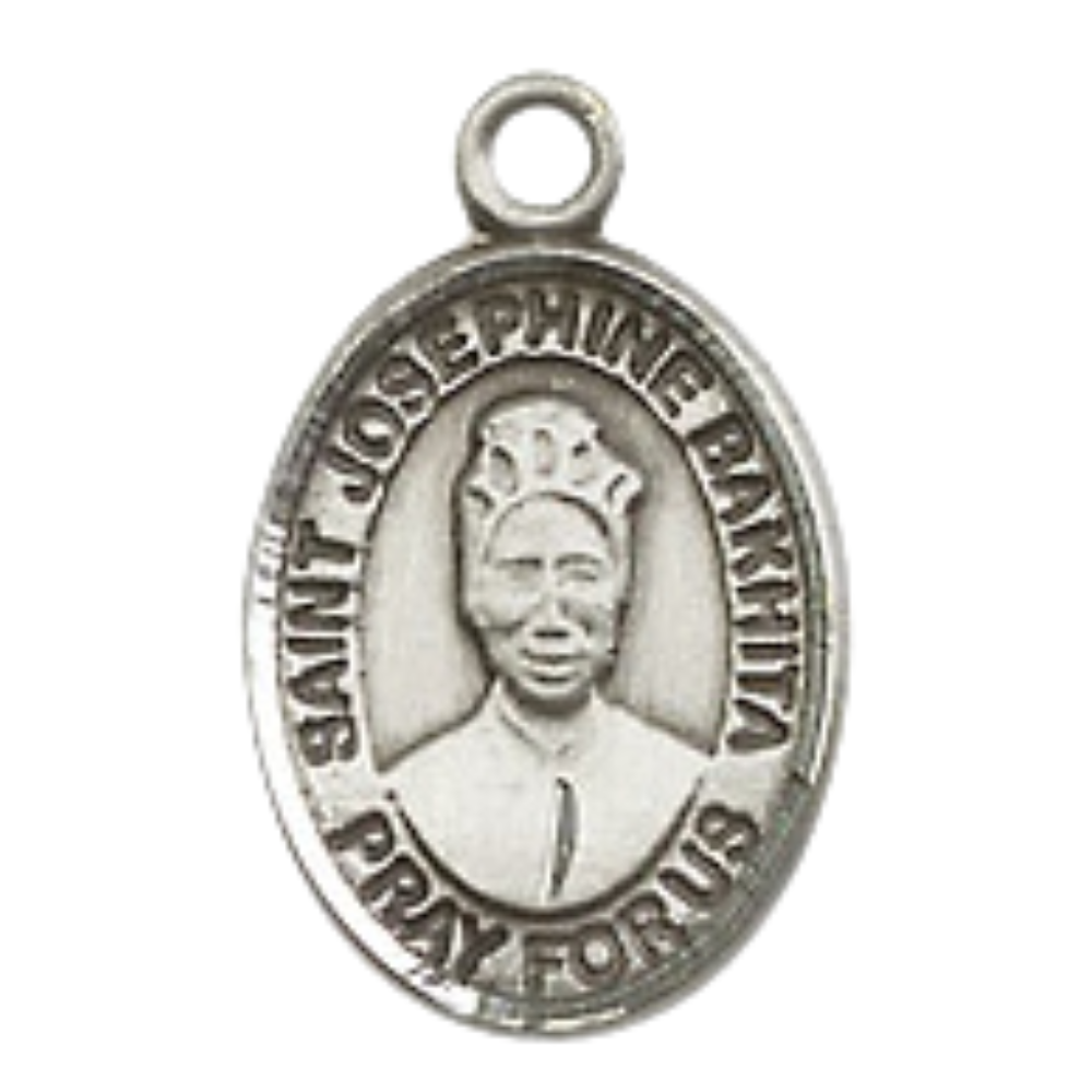 Small Sized Women's Pewter Saint St. Josephine Bakhita Medal Pendant on 18 Inch Rhodium Plated Lite Curb Brass Chain with Lobster Claw Clasp, Catholic Religious Necklace - Made in USA- Velvet Gift Box