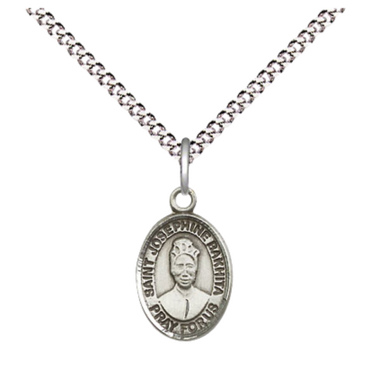 Small Sized Women's .925 Sterling Silver Saint St. Josephine Bakhita Medal Pendant on 18 Inch Rhodium Plated Lite Curb Brass Chain with Lobster Claw Clasp, Catholic Religious Necklace - Made in USA- Velvet Gift Box