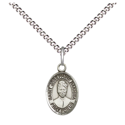 Small Sized Women's Pewter Saint St. Josephine Bakhita Medal Pendant on 18 Inch Rhodium Plated Lite Curb Brass Chain with Lobster Claw Clasp, Catholic Religious Necklace - Made in USA- Velvet Gift Box
