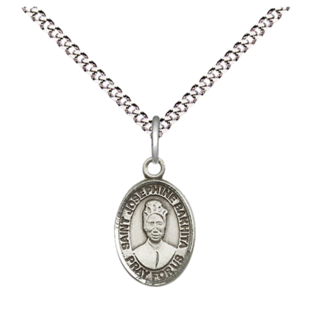Small Sized Women's .925 Sterling Silver Saint St. Josephine Bakhita Medal Pendant on 18 Inch Rhodium Plated Lite Curb Brass Chain with Lobster Claw Clasp, Catholic Religious Necklace - Made in USA- Velvet Gift Box
