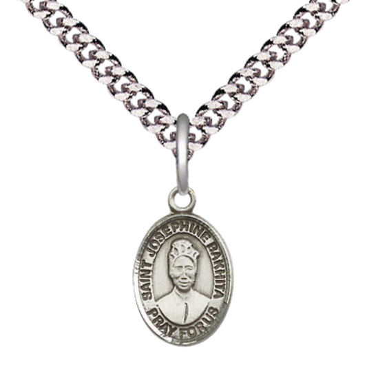 Small Sized Men's Pewter Saint St. Josephine Bakhita Medal Pendant on 24 Inch Endless Rhodium Plated Heavy Curb Brass Chain, Catholic Religious Necklace - Made in USA- Deluxe Velvet Gift Box