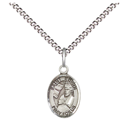 Small Sized Women's Pewter Saint Edwin Medal Pendant on 18 Inch Rhodium Plated Lite Curb Brass Chain with Lobster Claw Clasp, Catholic Religious Necklace - Made in USA- Velvet Gift Box