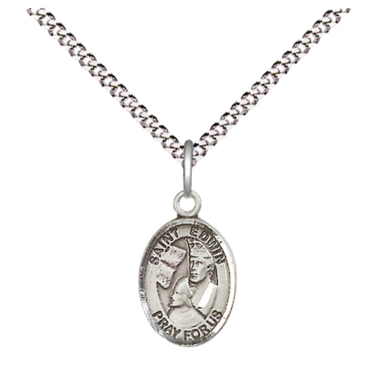 Small Sized Women's Pewter Saint Edwin Medal Pendant on 18 Inch Rhodium Plated Lite Curb Brass Chain with Lobster Claw Clasp, Catholic Religious Necklace - Made in USA- Velvet Gift Box