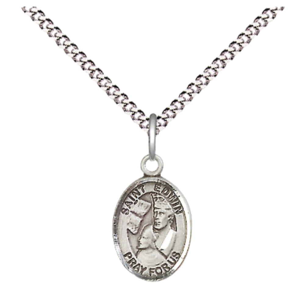 Small Sized Women's Pewter Saint Edwin Medal Pendant on 18 Inch Rhodium Plated Lite Curb Brass Chain with Lobster Claw Clasp, Catholic Religious Necklace - Made in USA- Velvet Gift Box