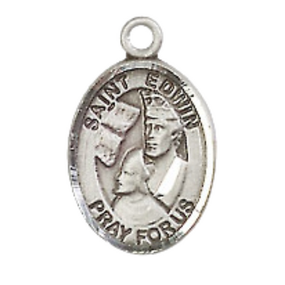 Small Sized Women's .925 Sterling Silver Saint St. Edwin Medal Pendant on 18 Inch Rhodium Plated Lite Curb Brass Chain with Lobster Claw Clasp, Catholic Religious Necklace - Made in USA- Velvet Gift Box