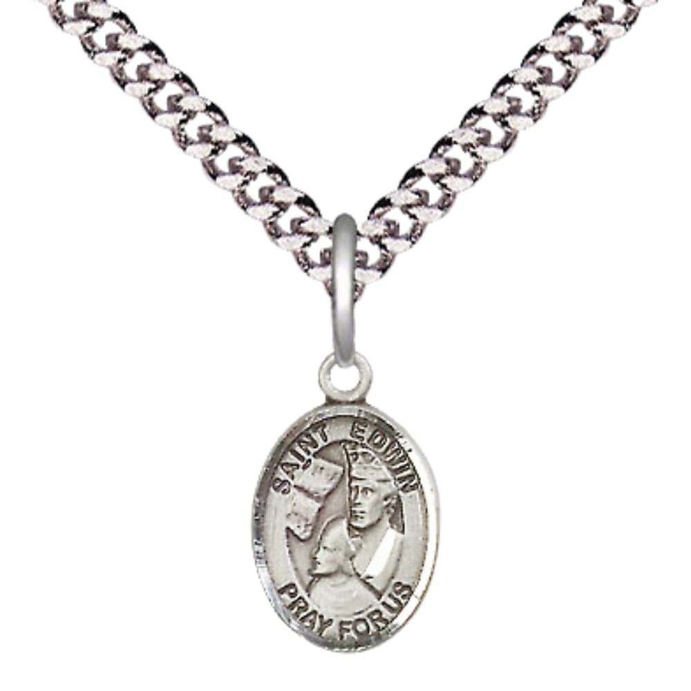 Everlasting Light Jewelry Small Sized Men's Pewter Saint St. Edwin Medal Pendant on 24 Inch Endless Rhodium Plated Heavy Curb Brass Chain, Catholic Religious Necklace - Made in USA- Deluxe Velvet Gift Box