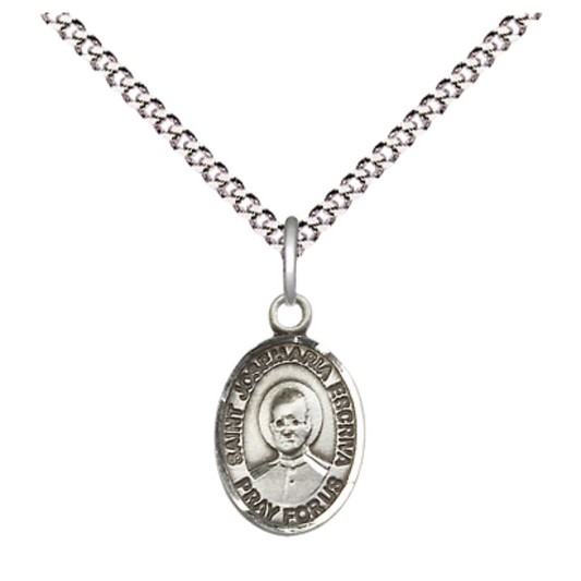 Small Sized Women's Pewter Saint St. Josemaria Escriva Medal Pendant on 18 Inch Rhodium Plated Lite Curb Brass Chain with Lobster Claw Clasp, Catholic Religious Necklace - Made in USA- Velvet Gift Box