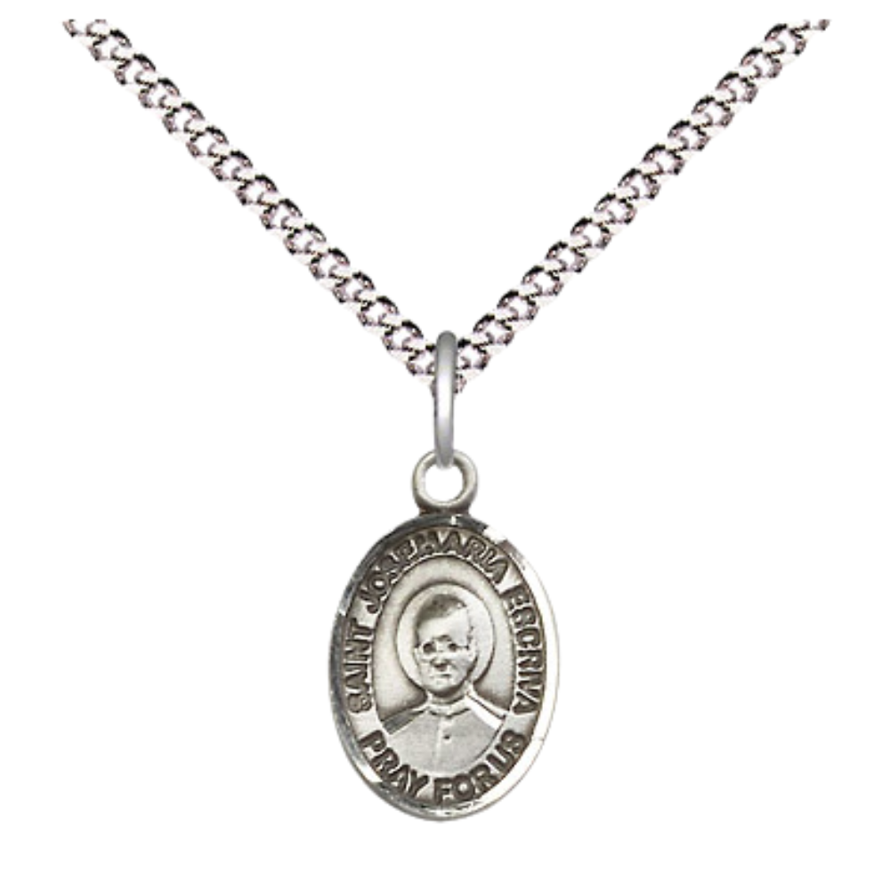 Small Sized Women's Pewter Saint St. Josemaria Escriva Medal Pendant on 18 Inch Rhodium Plated Lite Curb Brass Chain with Lobster Claw Clasp, Catholic Religious Necklace - Made in USA- Velvet Gift Box