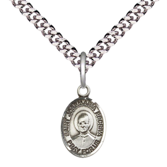 Small Sized Men's Pewter Saint St. Josemaria Escriva Medal Pendant on 24 Inch Endless Rhodium Plated Heavy Curb Brass Chain, Catholic Religious Necklace - Made in USA- Deluxe Velvet Gift Box