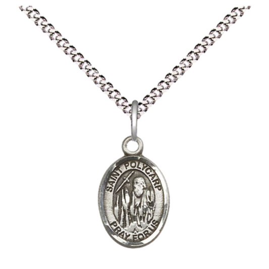 Small Sized Women's Pewter Saint Polycarp of Smyrna Medal Pendant on 18 Inch Rhodium Plated Lite Curb Brass Chain with Lobster Claw Clasp, Catholic Religious Necklace - Made in USA- Velvet Gift Box