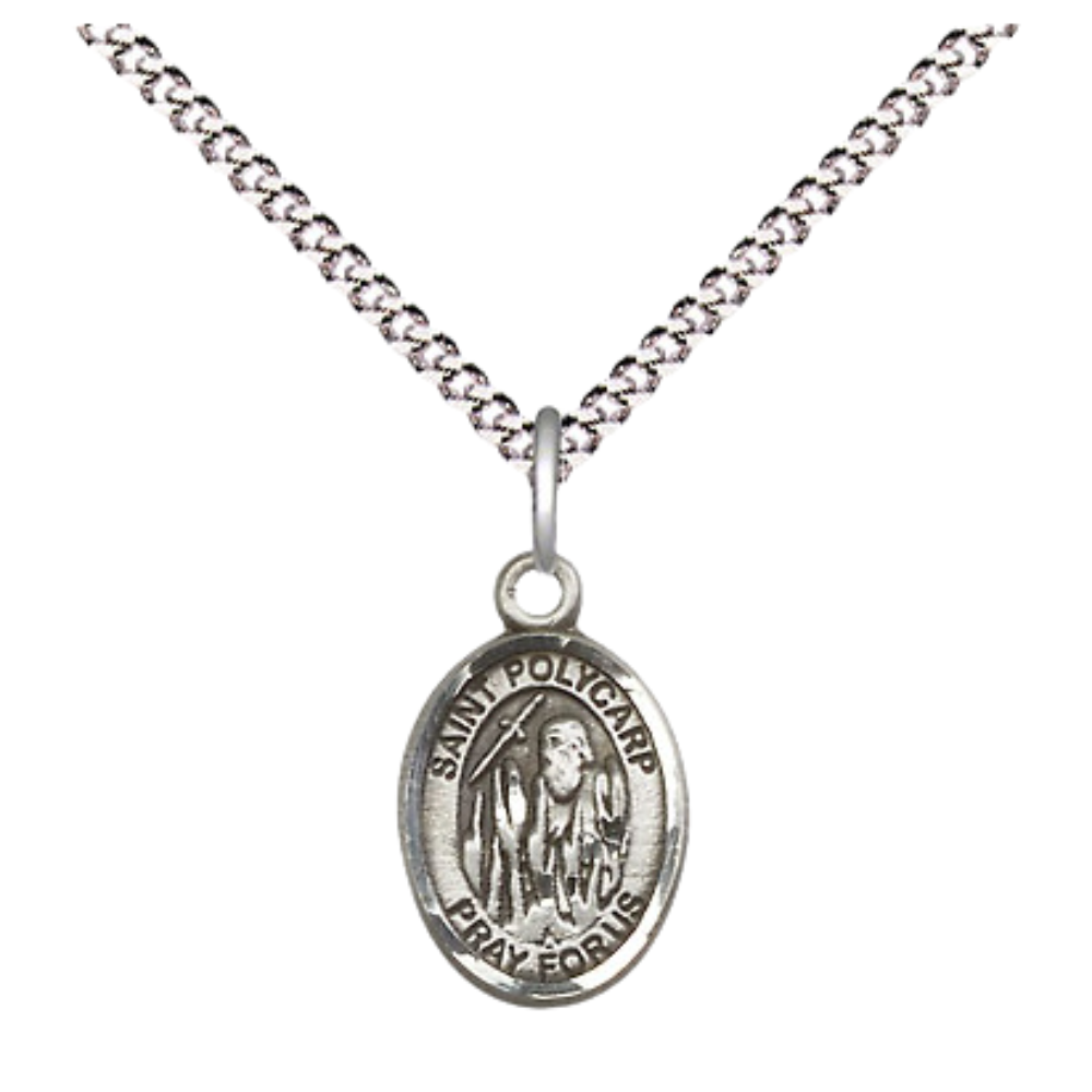 Small Sized Women's .925 Sterling Silver Saint St. Polycarp of Smyrna Medal Pendant on 18 Inch Rhodium Plated Lite Curb Brass Chain w/ Lobster Claw Clasp, Catholic Religious Necklace - Made in USA- Velvet Gift Box