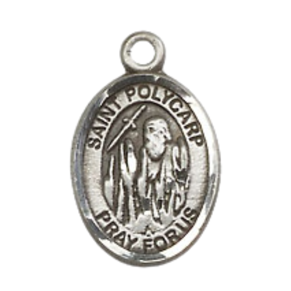 Small Sized Women's Pewter Saint Polycarp of Smyrna Medal Pendant on 18 Inch Rhodium Plated Lite Curb Brass Chain with Lobster Claw Clasp, Catholic Religious Necklace - Made in USA- Velvet Gift Box