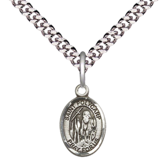 Small Sized Men's .925 Sterling Silver Saint St. Polycarp of Smyrna Medal Pendant on 24 Inch Endless Rhodium Plated Heavy Curb Brass Chain, Catholic Religious Necklace - Made in USA- Deluxe Velvet Gift Box