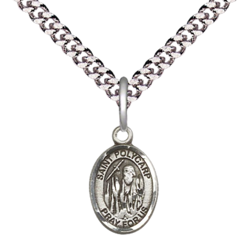 Small Sized Men's Pewter Saint St. Polycarp of Smyrna Medal Pendant on 24 Inch Endless Rhodium Plated Heavy Curb Brass Chain, Catholic Religious Necklace - Made in USA- Deluxe Velvet Gift Box