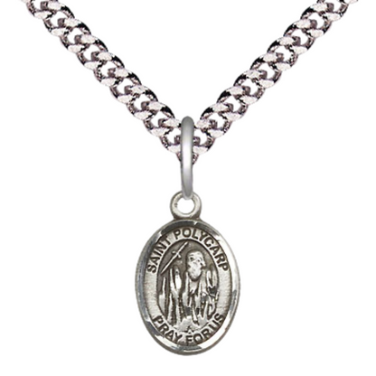 Small Sized Men's Pewter Saint St. Polycarp of Smyrna Medal Pendant on 24 Inch Endless Rhodium Plated Heavy Curb Brass Chain, Catholic Religious Necklace - Made in USA- Deluxe Velvet Gift Box