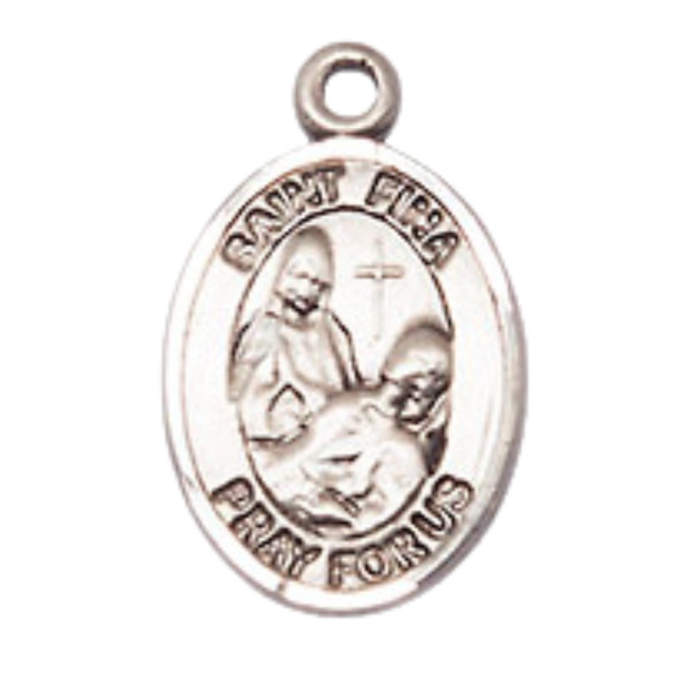 Small Sized Women's Pewter Saint St. Fina Medal Pendant on 18 Inch Rhodium Plated Lite Curb Brass Chain with Lobster Claw Clasp, Catholic Religious Necklace - Made in USA- Velvet Gift Box