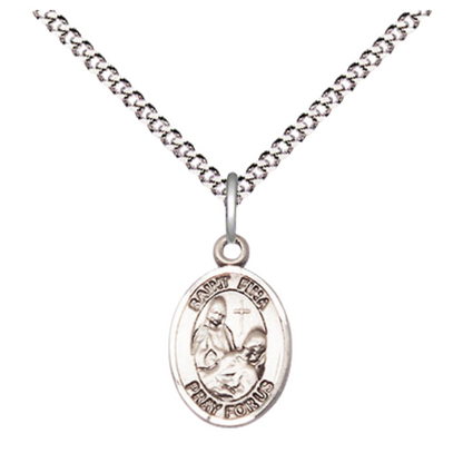 Small Sized Women's Pewter Saint St. Fina Medal Pendant on 18 Inch Rhodium Plated Lite Curb Brass Chain with Lobster Claw Clasp, Catholic Religious Necklace - Made in USA- Velvet Gift Box