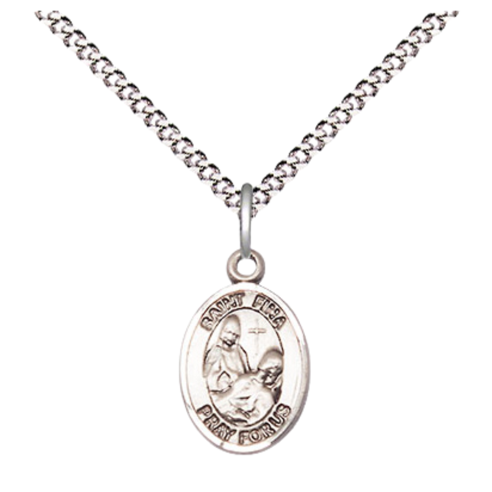 Small Sized Women's Pewter Saint St. Fina Medal Pendant on 18 Inch Rhodium Plated Lite Curb Brass Chain with Lobster Claw Clasp, Catholic Religious Necklace - Made in USA- Velvet Gift Box