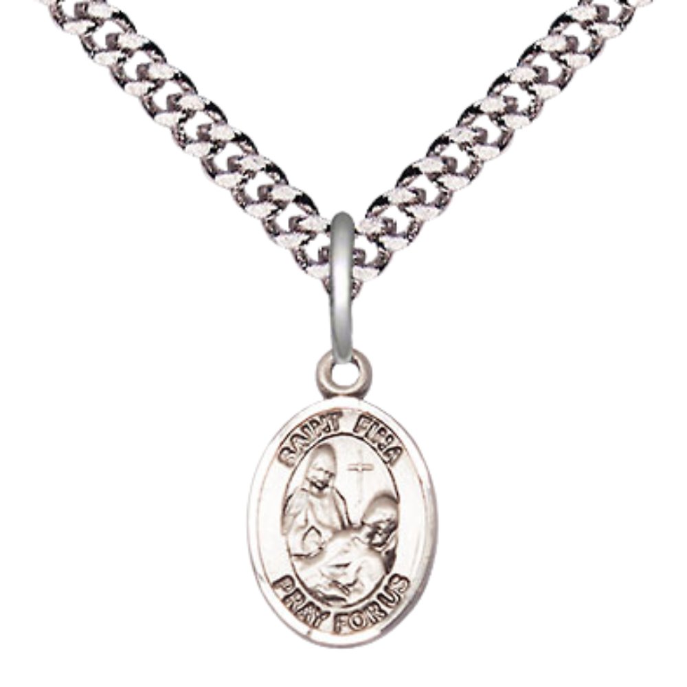 Everlasting Light Jewelry Small Sized Men's Pewter Saint St. Fina Medal Pendant on 24 Inch Endless Rhodium Plated Heavy Curb Brass Chain, Catholic Religious Necklace - Made in USA- Deluxe Velvet Gift Box