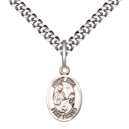 Everlasting Light Jewelry Small Sized Men's Pewter Saint St. Fina Medal Pendant on 24 Inch Endless Rhodium Plated Heavy Curb Brass Chain, Catholic Religious Necklace - Made in USA- Deluxe Velvet Gift Box