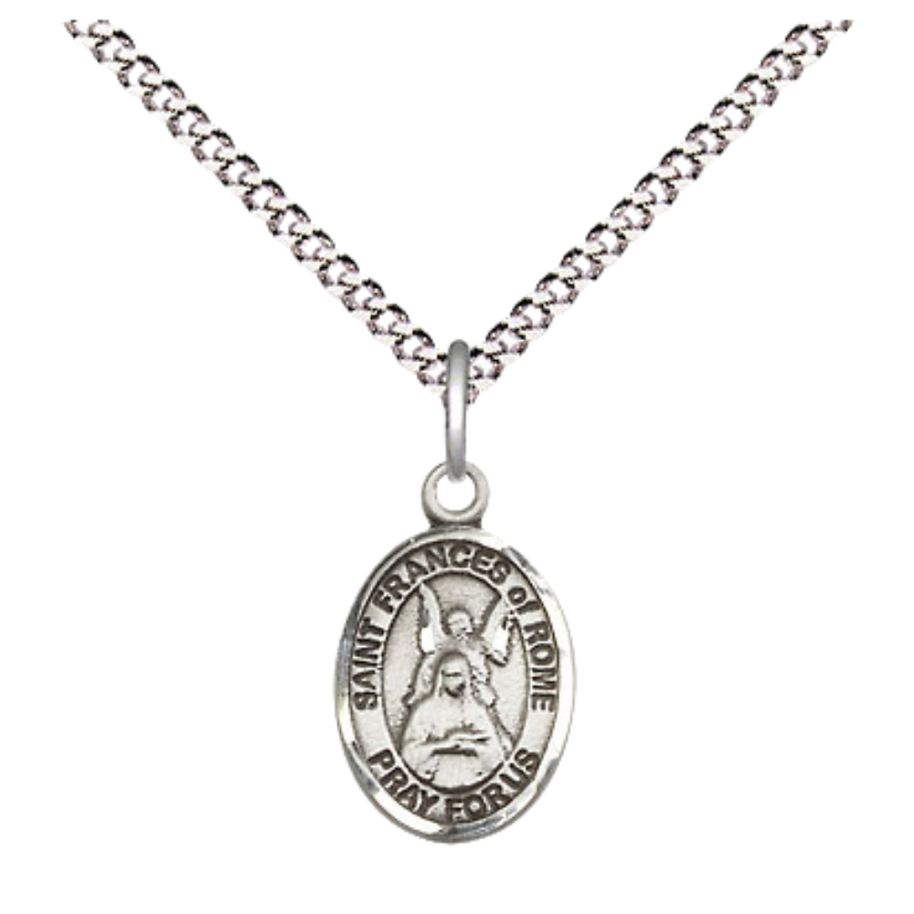 Small Sized Women's Pewter Saint St. Frances of Rome Medal Pendant on 18 Inch Rhodium Plated Lite Curb Brass Chain with Lobster Claw Clasp, Catholic Religious Necklace - Made in USA- Velvet Gift Box