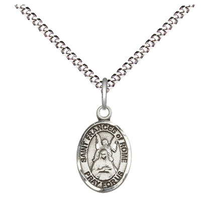 Small Sized Women's Pewter Saint St. Frances of Rome Medal Pendant on 18 Inch Rhodium Plated Lite Curb Brass Chain with Lobster Claw Clasp, Catholic Religious Necklace - Made in USA- Velvet Gift Box