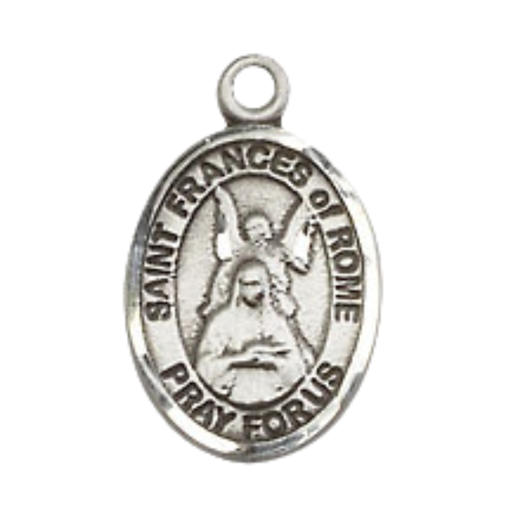 Small Sized Women's Pewter Saint St. Frances of Rome Medal Pendant on 18 Inch Rhodium Plated Lite Curb Brass Chain with Lobster Claw Clasp, Catholic Religious Necklace - Made in USA- Velvet Gift Box