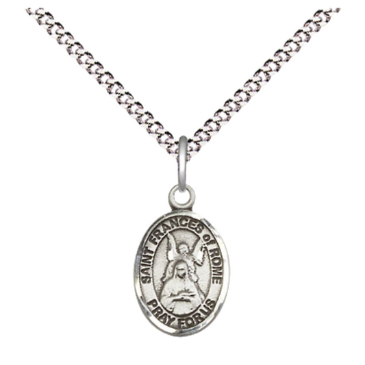 Small Sized Women's .925 Sterling Silver Saint St. Frances of Rome Medal Pendant on 18 Inch Rhodium Plated Lite Curb Brass Chain with Lobster Claw Clasp, Catholic Religious Necklace - Made in USA- Velvet Gift Box