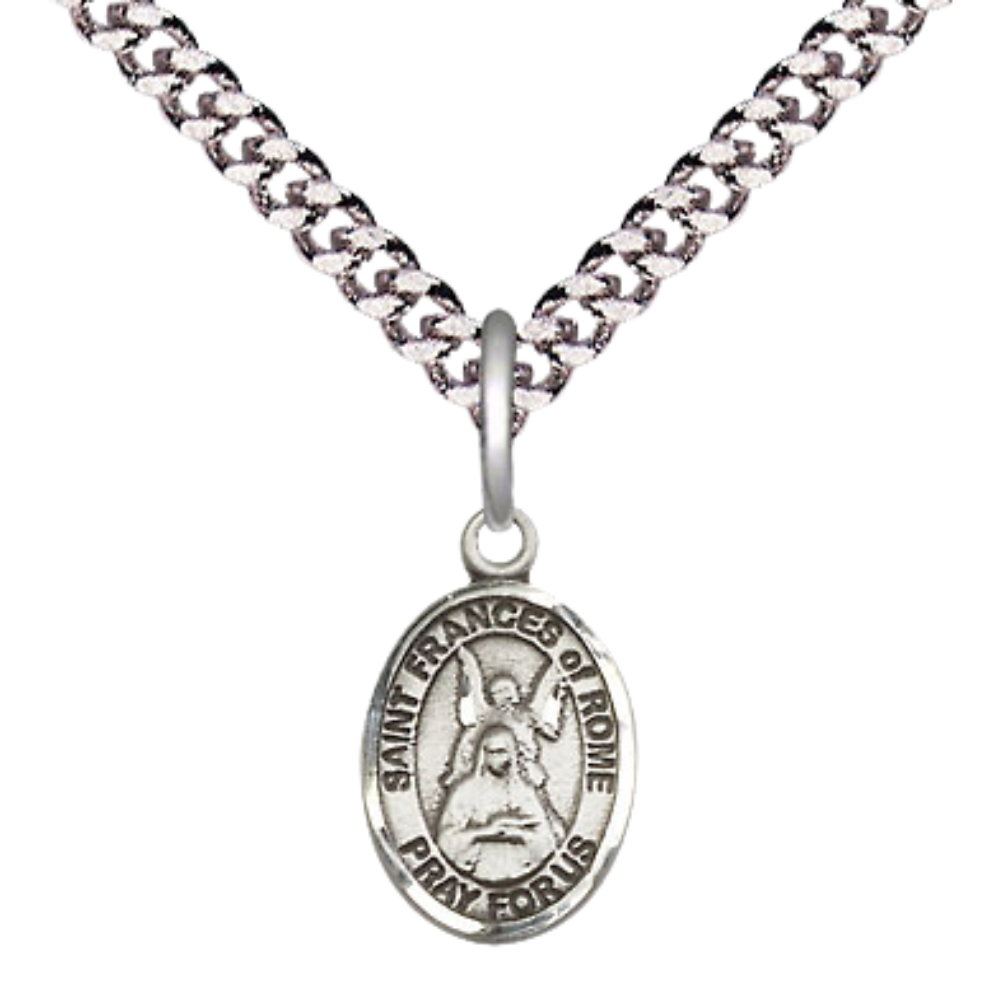 Small Sized Men's Pewter Saint St. Frances of Rome Medal Pendant on 24 Inch Endless Rhodium Plated Heavy Curb Brass Chain, Catholic Religious Necklace - Made in USA- Deluxe Velvet Gift Box