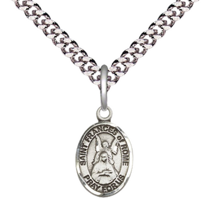 Small Sized Men's Pewter Saint St. Frances of Rome Medal Pendant on 24 Inch Endless Rhodium Plated Heavy Curb Brass Chain, Catholic Religious Necklace - Made in USA- Deluxe Velvet Gift Box