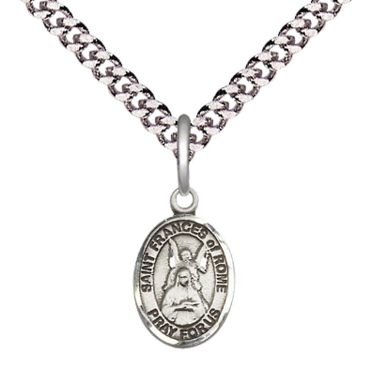 Small Sized Men's Pewter Saint St. Frances of Rome Medal Pendant on 24 Inch Endless Rhodium Plated Heavy Curb Brass Chain, Catholic Religious Necklace - Made in USA- Deluxe Velvet Gift Box