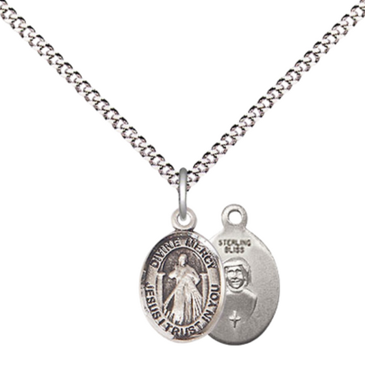 Small Sized Women's .925 Sterling Silver Divine Mercy Medal Pendant on 18 Inch Rhodium Plated Lite Curb Brass Chain with Lobster Claw Clasp, Catholic Religious Necklace - Made in USA- Velvet Gift Box