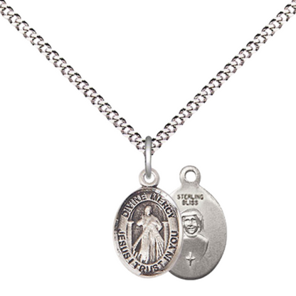 Small Sized Women's .925 Sterling Silver Divine Mercy Medal Pendant on 18 Inch Rhodium Plated Lite Curb Brass Chain with Lobster Claw Clasp, Catholic Religious Necklace - Made in USA- Velvet Gift Box