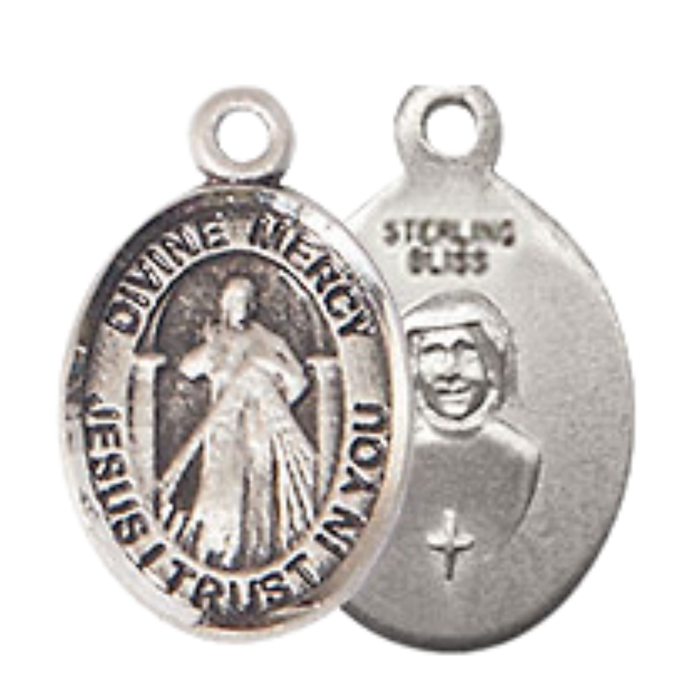 Small Sized Women's .925 Sterling Silver Divine Mercy Medal Pendant on 18 Inch Rhodium Plated Lite Curb Brass Chain with Lobster Claw Clasp, Catholic Religious Necklace - Made in USA- Velvet Gift Box