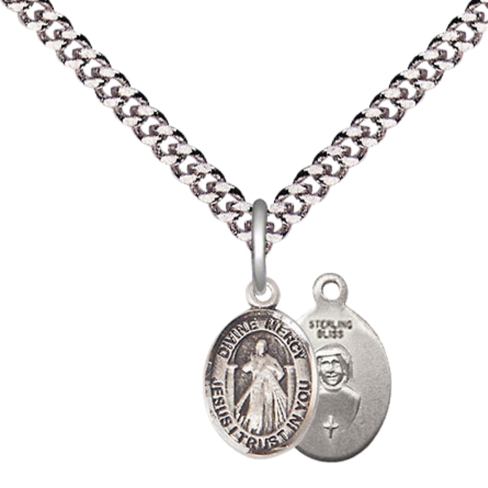Small Sized Men's .925 Sterling Silver Divine Mercy Medal Pendant on 24 Inch Endless Rhodium Plated Heavy Curb Brass Chain, Catholic Religious Necklace - Made in USA- Deluxe Velvet Gift Box