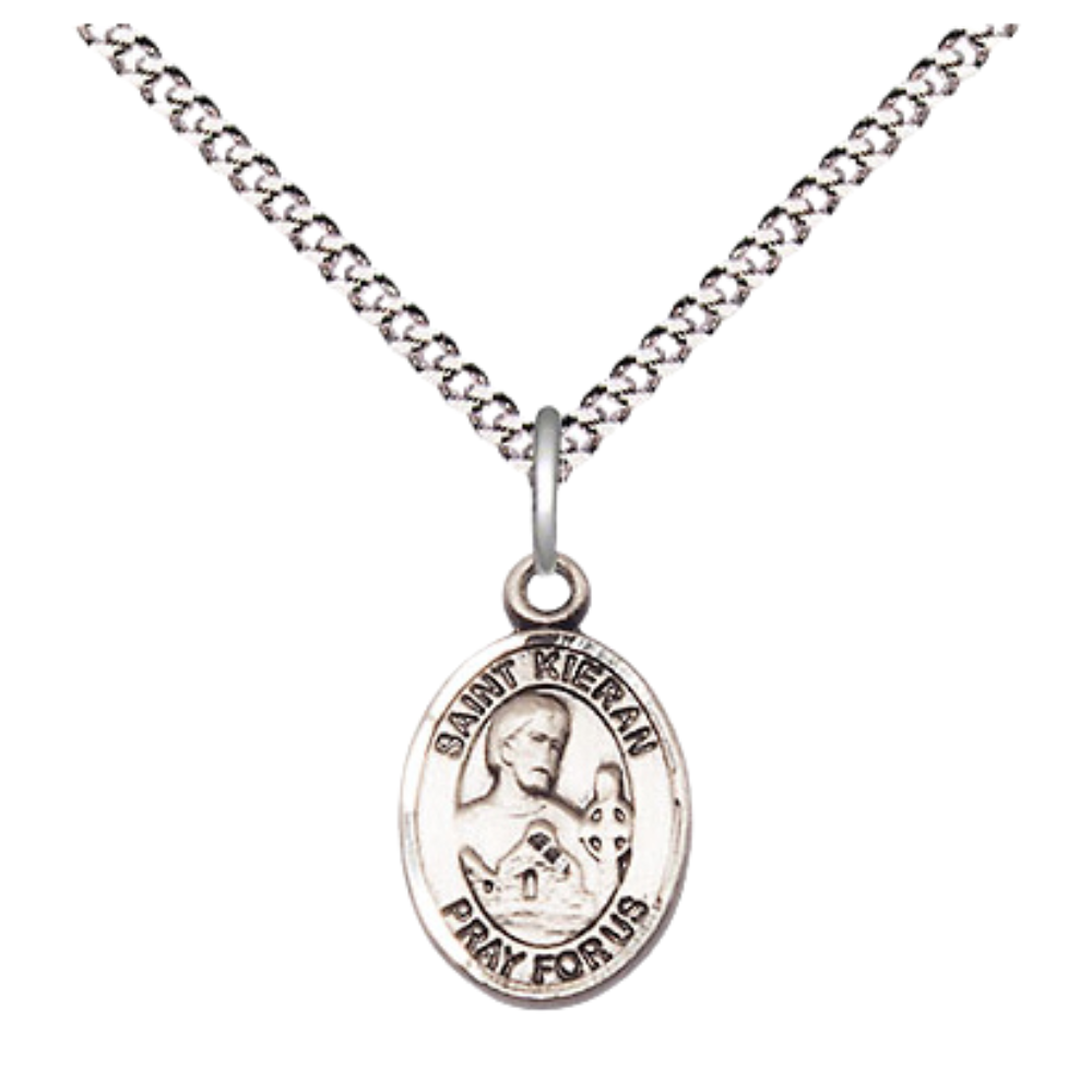 Small Sized Women's Pewter Saint Kieran Medal Pendant on 18 Inch Rhodium Plated Lite Curb Brass Chain with Lobster Claw Clasp, Catholic Religious Necklace - Made in USA- Velvet Gift Box