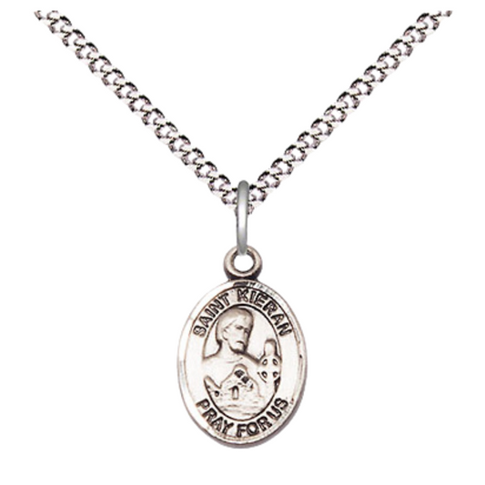 Small Sized Women's .925 Sterling Silver Saint Kieran Medal Pendant on 18 Inch Rhodium Plated Lite Curb Brass Chain with Lobster Claw Clasp, Catholic Religious Necklace - Made in USA- Velvet Gift Box