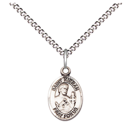 Small Sized Women's Pewter Saint Kieran Medal Pendant on 18 Inch Rhodium Plated Lite Curb Brass Chain with Lobster Claw Clasp, Catholic Religious Necklace - Made in USA- Velvet Gift Box